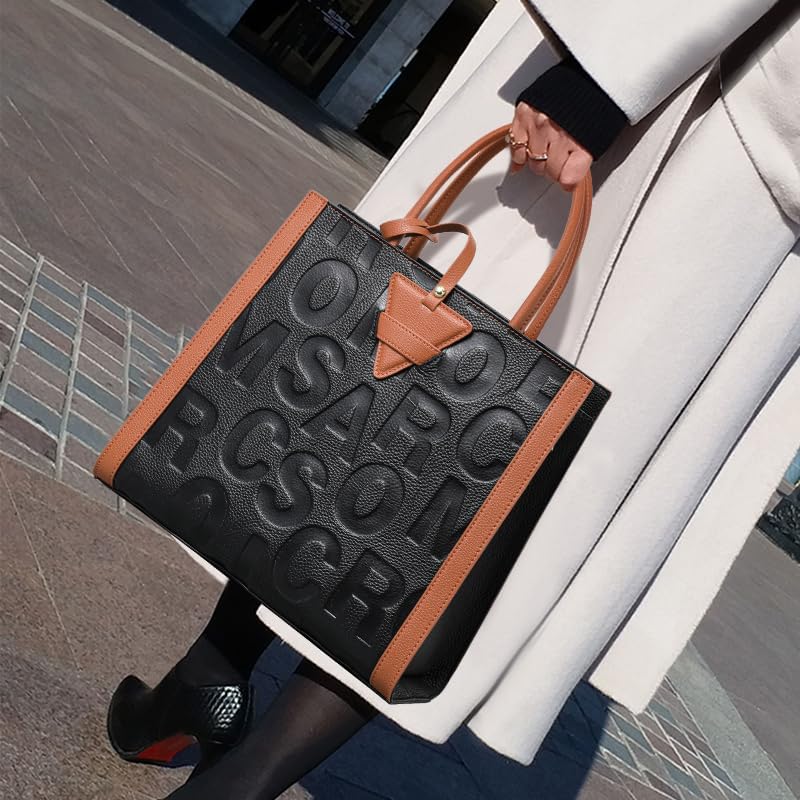 Leather leather handbag large capacity letter detachable shoulder strap color-blocked triangle women's single tote bag - Image 2