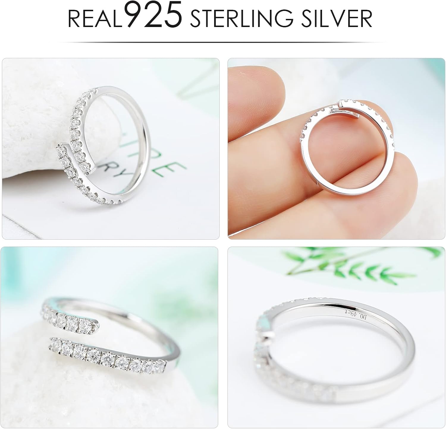 Moissanite Wedding Band Adjustable Open Twist for Women D Color VVS1 Round Cut Moissanite Eternity Ring S925 Sterling Silver with 18K White Gold Plated Stackable Jewelry