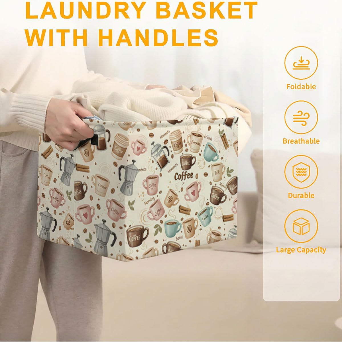 Coffee Laundry Hamper with Handles,Large 56L Foldable Square Clothes Basket Multi‑Use Blanket Storage Bins for Organizing Books,Toys,Gifts,Room Decoration,Laundry Room,Dorm Nursery image 3