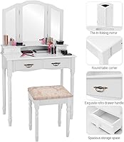Vista 4 de Giantex Juego de tocador de maquillaje con taburete, tocadores con 4 cajones, espejo de tres pliegues, escritorio grande con espejo para dormitorio