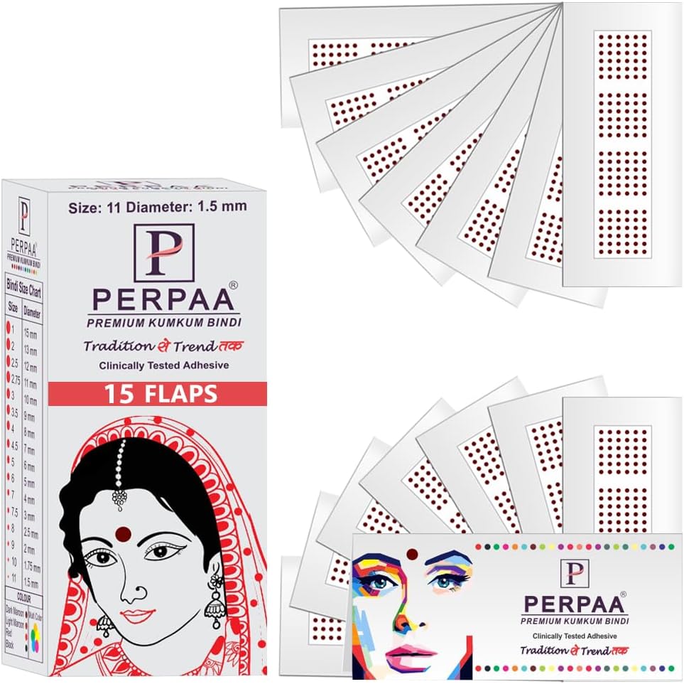 PERPAA Premium Velvet Sticker Kumkum Bindi Box of 15 Flaps - Pottu for Women,Ladies, Girls (Size 11, Diameter 1.5mm, Dark Maroon)