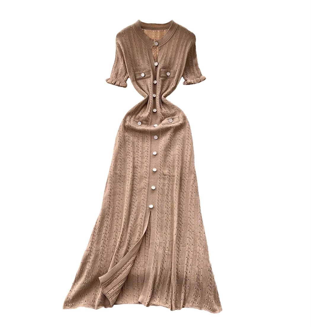 Womens Knitted Long Dress O-Neck Short Sleeve Single Breasted Solid Color Elegant Office Style Dress