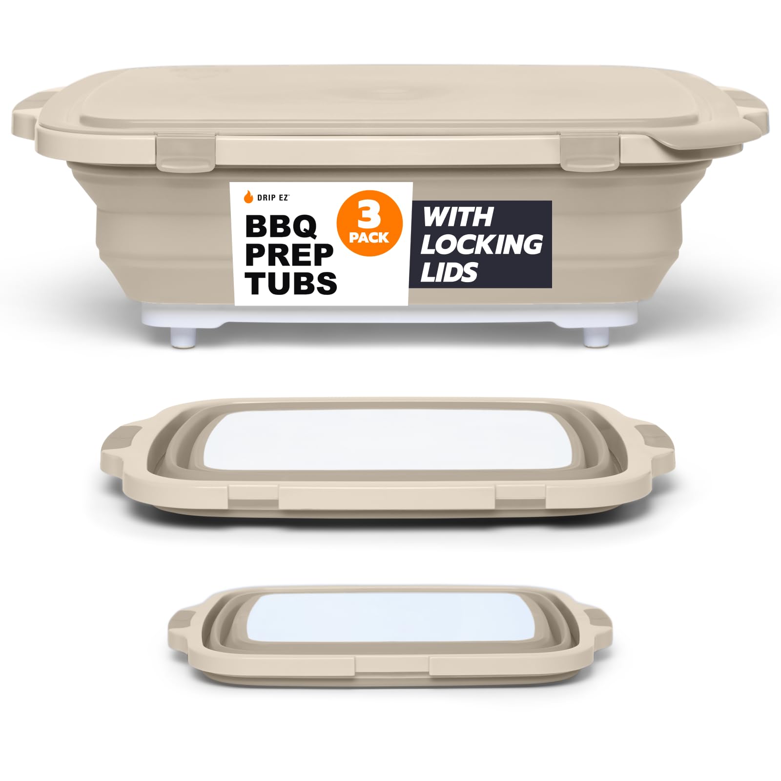 Drip EZ Collapsible BBQ Prep Tubs 3-Piece Set - For Meal Prep Marinating Food Storage - Includes Cutting Board & Lid - (1) JR + (1) OG + (1) XL - Sandstone