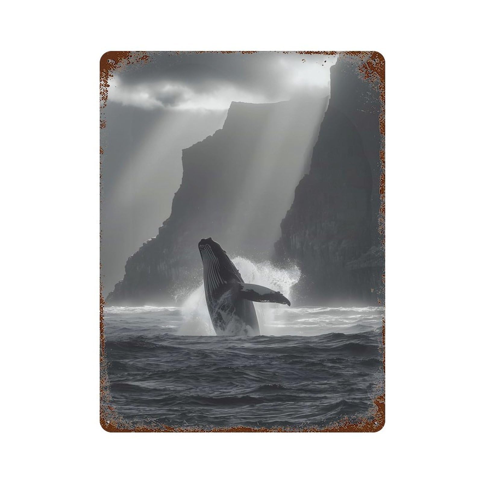 Retro Metal Sign with Breaching Whale at Coastal Cliffs in Black And White Design 15.7"x11.8", for Living Room, Hallway And Home Decor, Vintage Wall Decor