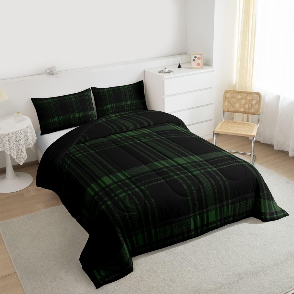 jejeloiu Classic Plaid Comforter Set All Season Green Checkerboard Bedding Set with 2 Pillow Cases Aesthetic Grid Microfiber Kids Queen Bedclothes Farmhouse Bedroom Decor Duvet Quilt Soft Lightweight