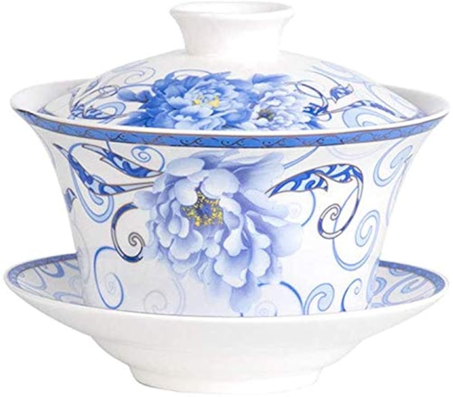 YBK Tech 10oz Large Gaiwan, Porcelain Kung Fu Tea Cup with Saucer and Lid, Chinese Traditional Gaiwan, Sancai Tea Bowl (6#)