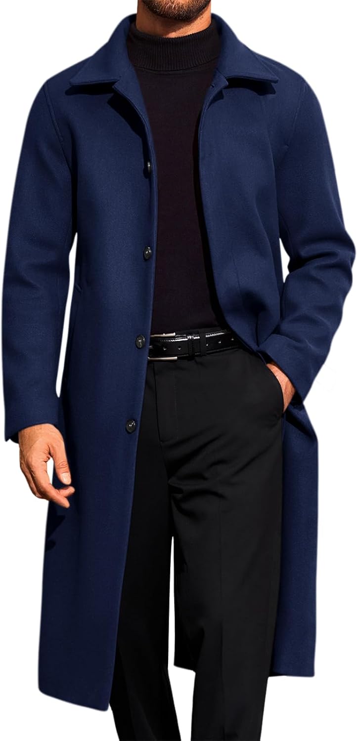 Runcati Mens Long Trench Coat Single Breasted Lapel Overcoat Casual Fall Winter Warm Peacoat