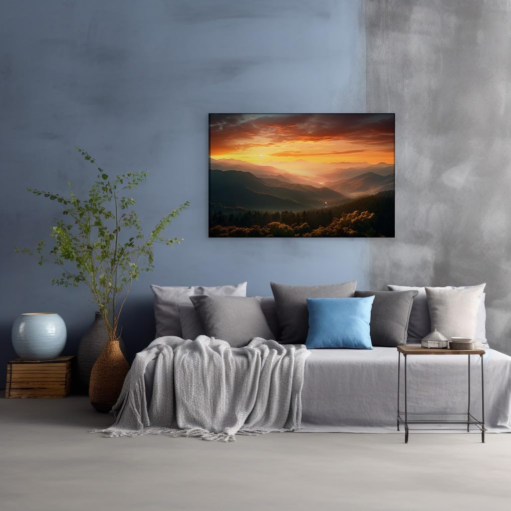 Canvas for Living room. Sunrise Splendor Over Verdant Peaks - Witness Nature's Majestic Tapestry, 27 x 18 inch Canvas Wall Art - Contemporary Masterpieces - Modern Home Decor