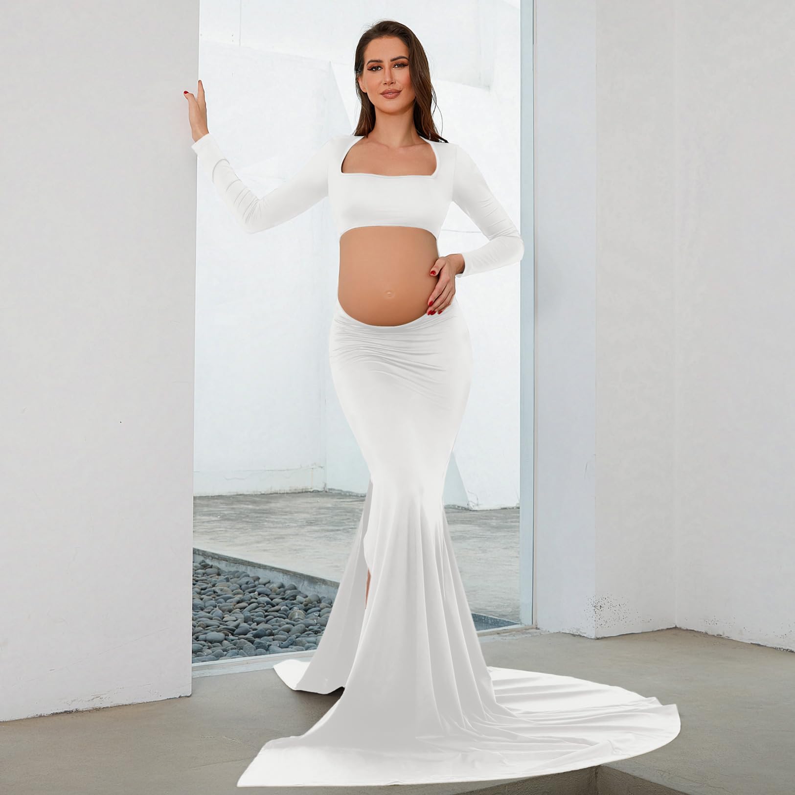 Bhome Umstandskleid für Fotoshootings Ausschnitt Rückenfrei Side Split Umstandskleid Maxikleid für Fotoshooting
