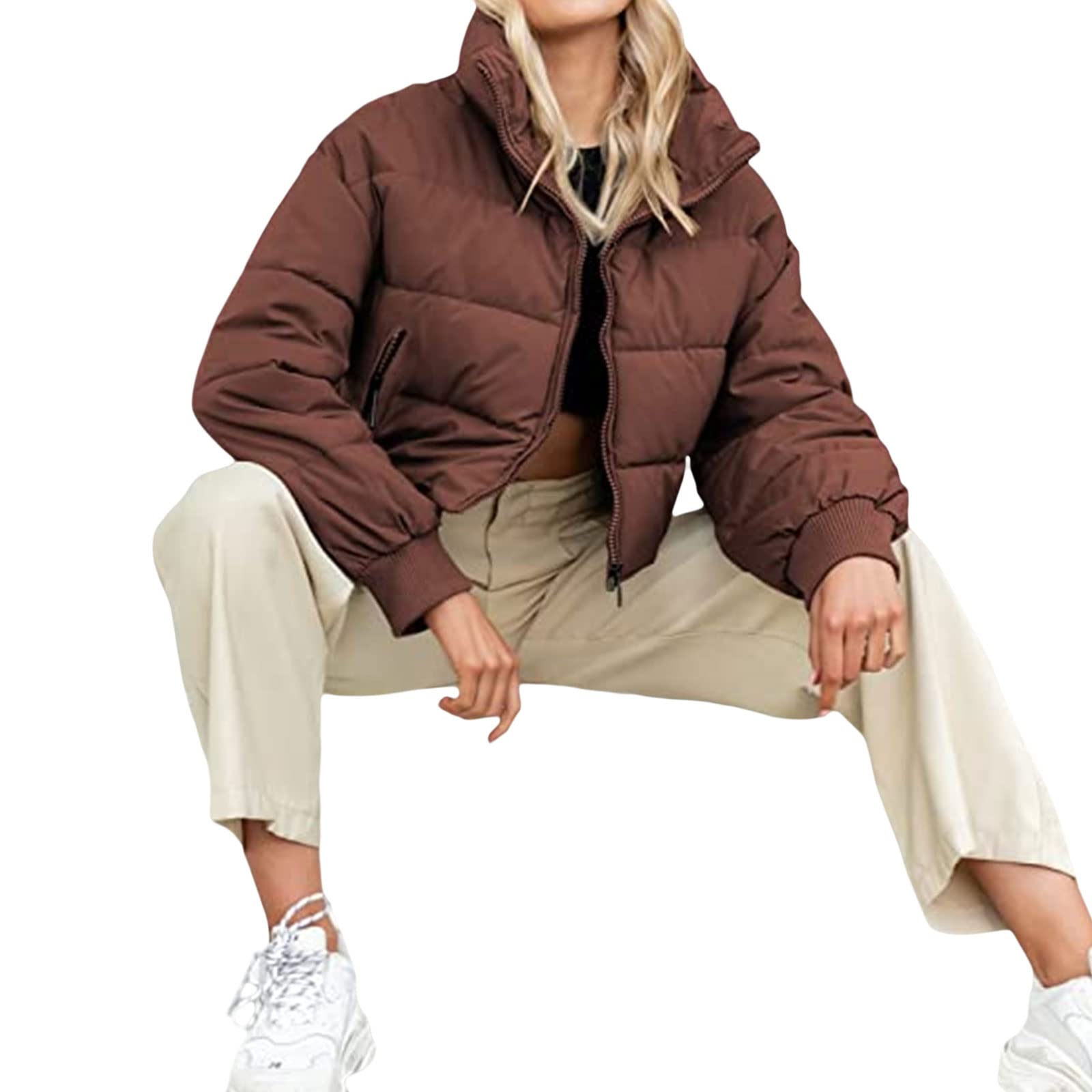 Chaqueta Acolchada Recortada De Invierno para Mujer Chaqueta Holgada Corta Cálida Combina Bien con Suéteres, Vestidos, Jeans, Botas O Zapatillas De Deporte (B Coffee Large)