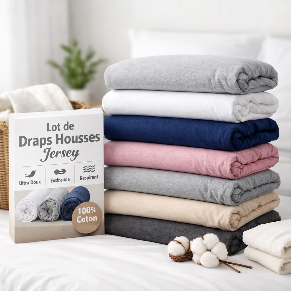 Lot de 5 draps housses 180x200 cm en jersey de coton extensible