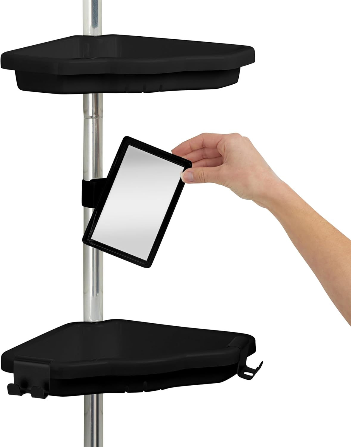 Bath Bliss Aluminum Corner Shower Organizer | 4 Tier | Holds Large Bottles | Expands 4Ft to 8Ft | Self Draining | Ant-fog Mirror | Accessory Hooks| Bathroom Storage | Space Saving | Black