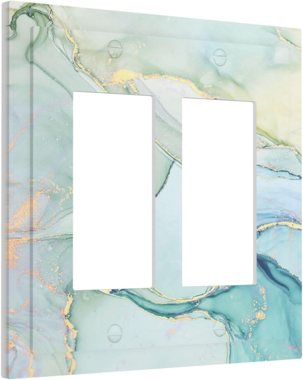 Decorative Outlet Covers Teal Gold Marbling Turquoise 2 Gang Double GFCI Rocker Electrical Wall Panels Light Switch Cover Plate for Bathroom living Room Decor