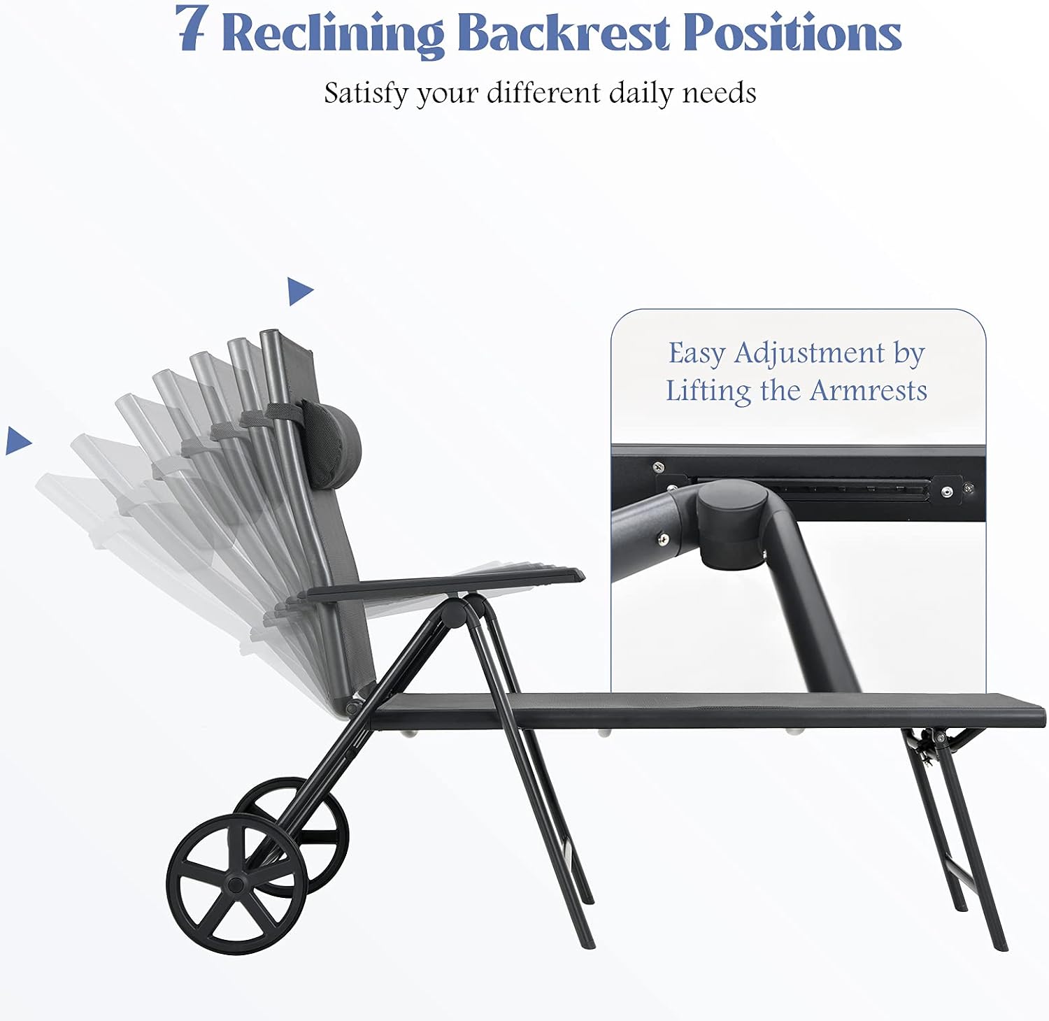 RELAX4LIFE Folding Lounge Chair with Wheels - Aluminum Chaise Lounge w/7 Adjustable Backrest Positions & Removable Pillow, Outdoor Patio Furniture for Porch, Lawn, Easy Assembly Beach Chair (2)