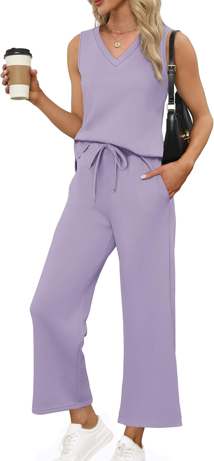 XIEERDUO Two Piece Sets for Women Summer Vacation Travel Outfits V Neck Lounge Matching Sets