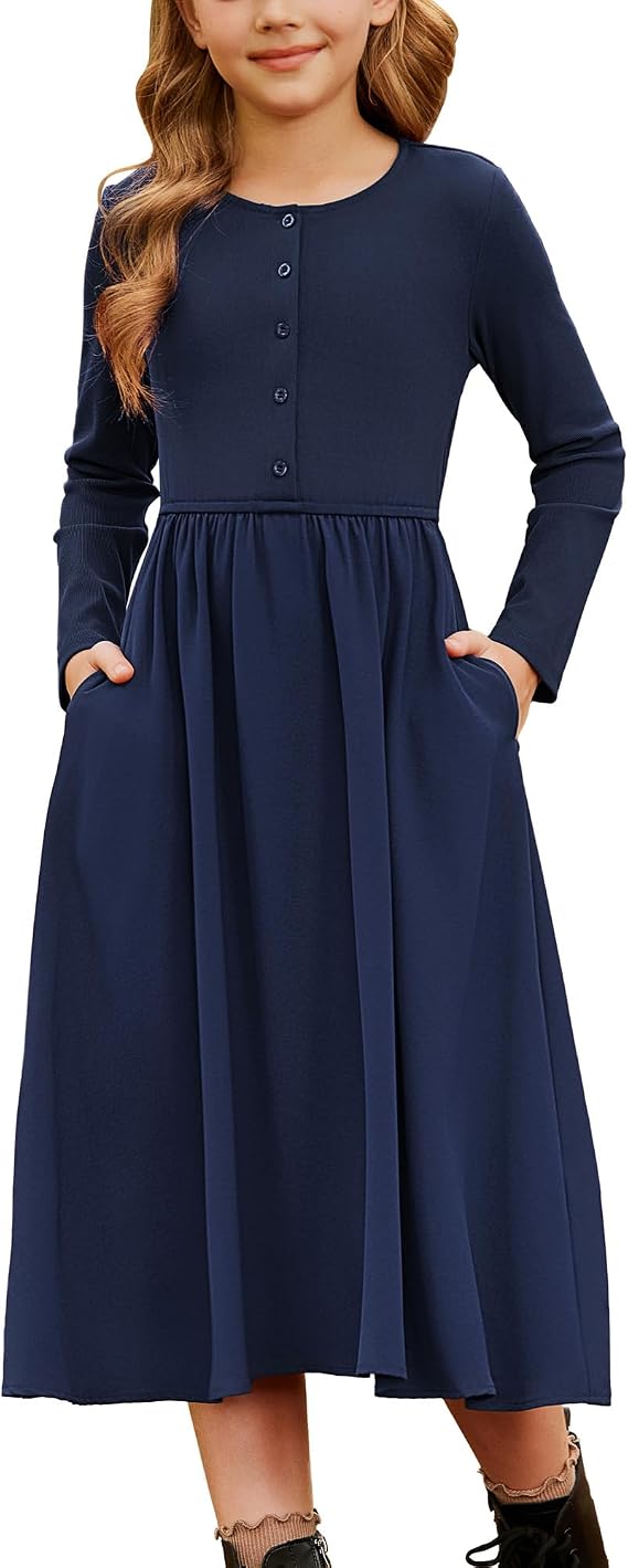 GRACE KARIN Girls Long Sleeve Maxi Dress Modest Fall Winter Casual 7-14Y | Seam Pockets, Contrast Fabric Design, Midi Length, Button-Front Top, Elastic Waist, for Semi-Formal, Holiday, Church