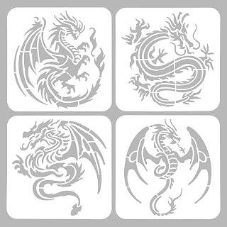 ORIGACH 4 Pcs Dragon Stencils - 7.8x7.8 inch, Reusable Western & Chinese Dragon Large Stencils for Drawing, Painting on Wood, Canvas, Wall