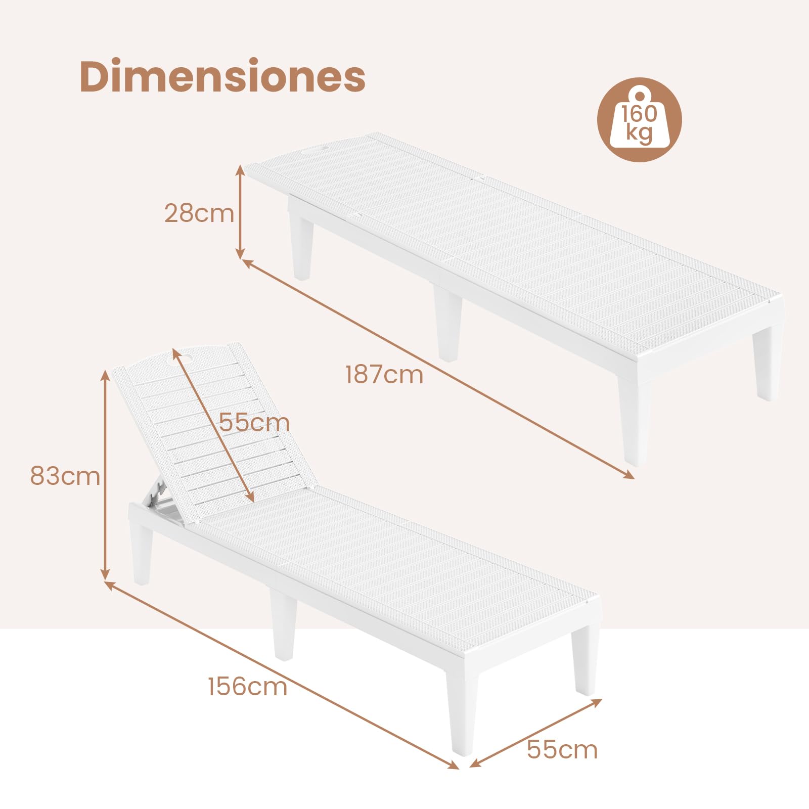 COSTWAY 2 Tumbonas Jardin Exterior, PP, Tumbona Reclinable con Respaldo Ajustable en 5 Posiciones, Espreguiçadeira Jardim Playa Piscina Exterior, 156 x 55 x 83 cm, Carga 160kg (Blanco)