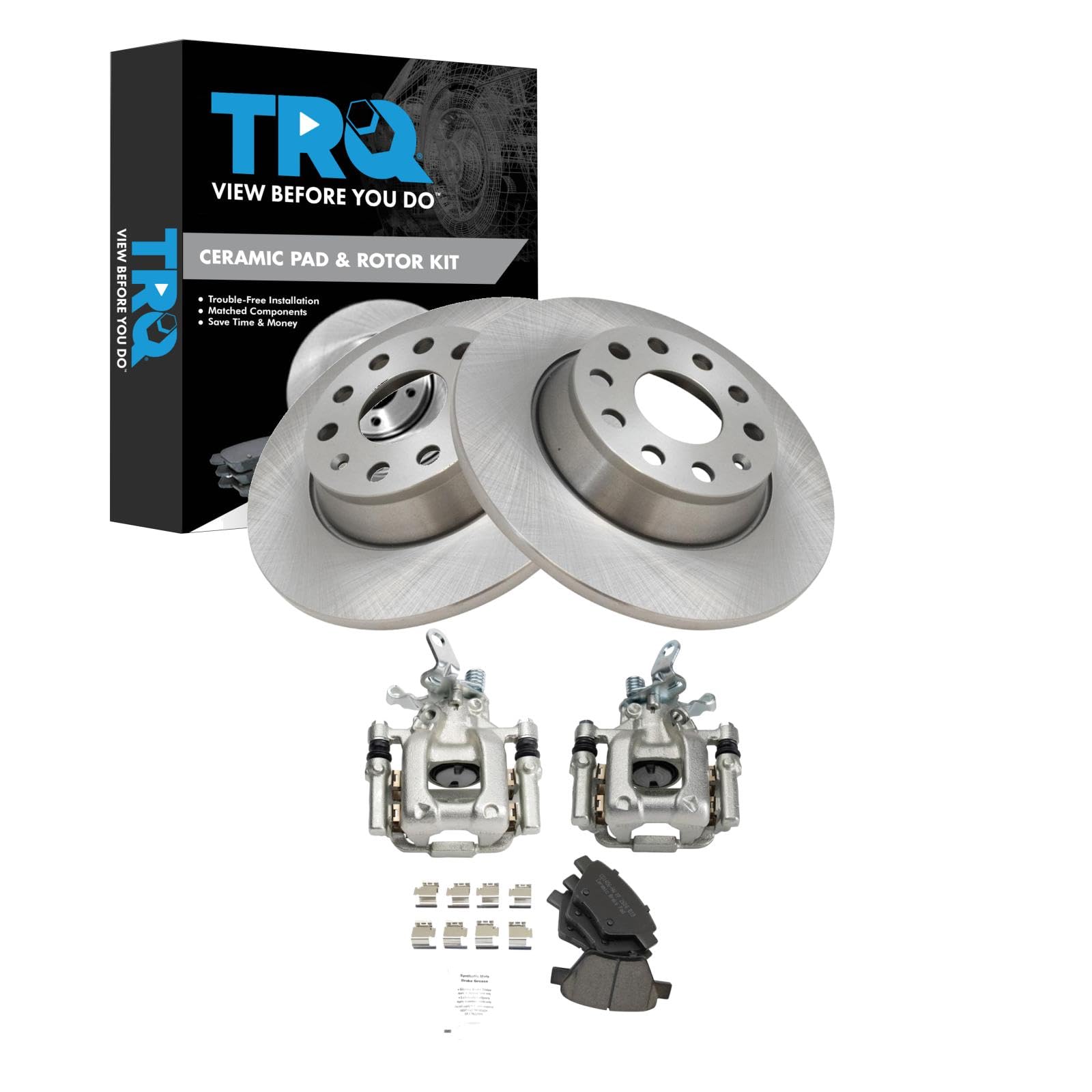 TRQ Rear Brake Pad &amp; Rotor Kit Ceramic Compatible with 2010 Volkswagen Jetta