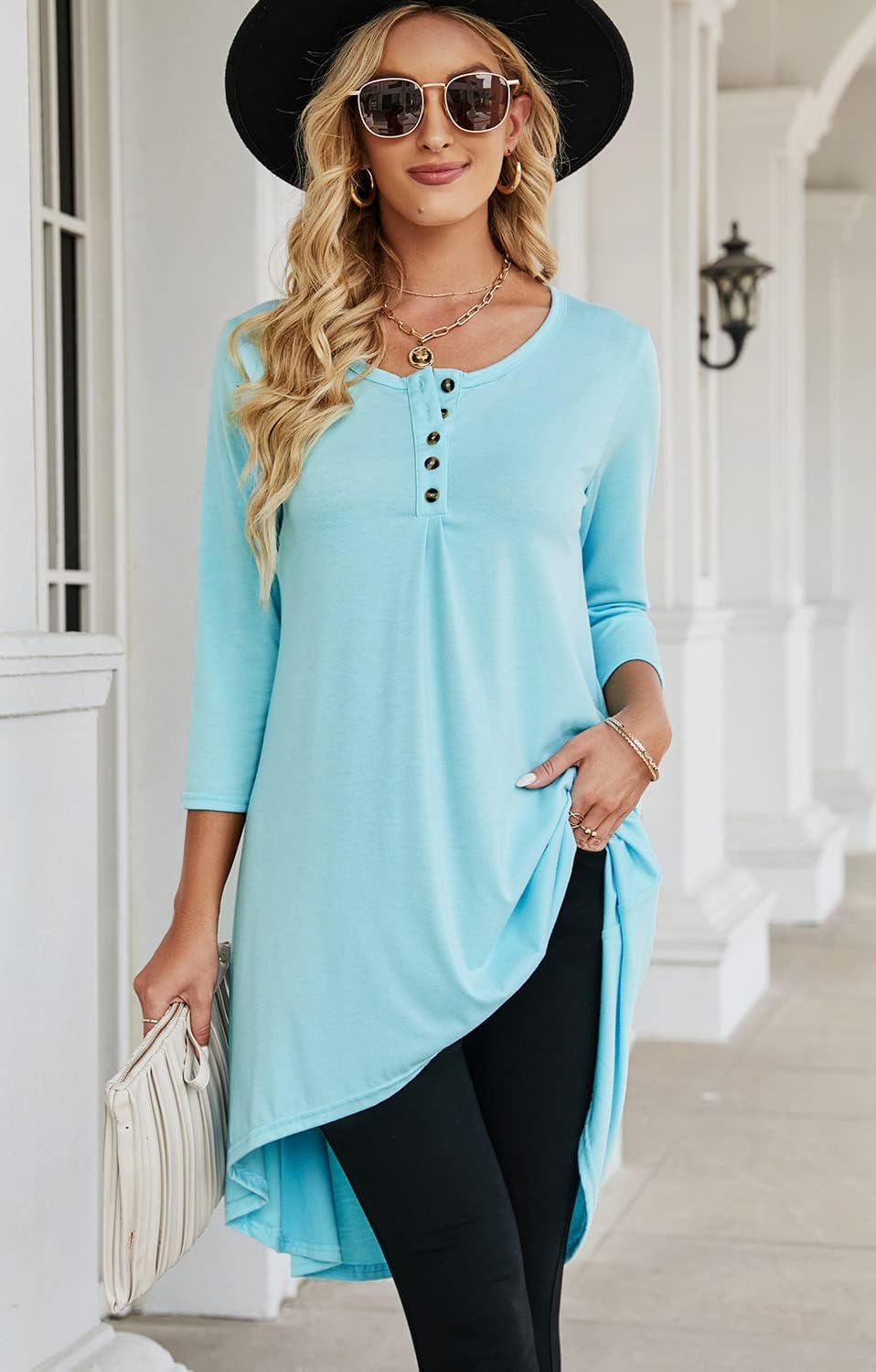 Naggoo Womens 3/4 Sleeve Button V Neck High Low Loose Fit Casual Long Tunic Tops Tee Shirts S-3XL - Image 4