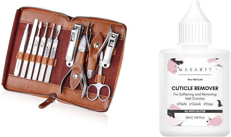 Makartt Extractor de cutículas líquido, paquete de suavizante de cutículas de 50 ml con kit de manicura: Kit de cuidado de uñas profesional Juego de cortadores de uñas - Juego de herramientas para uñas Tavel de acero inoxidable de 11 piezas