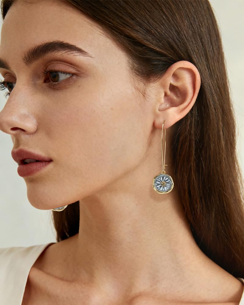 Two Tone Daisy Dangle Earrings For Women Cute Vintage Flower Statement Earrings Gold And Silver Hammered Boho Daisy Flower Jewelry Gifts - Image 2