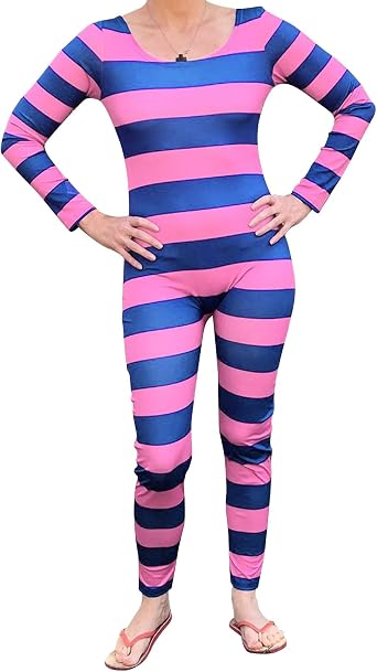 Womens Cheshire Cat Halloween Costume Striped Long Sleeve Jumpsuit Party Dress Up Pajama Jumpsuit Cosplay Outfit
