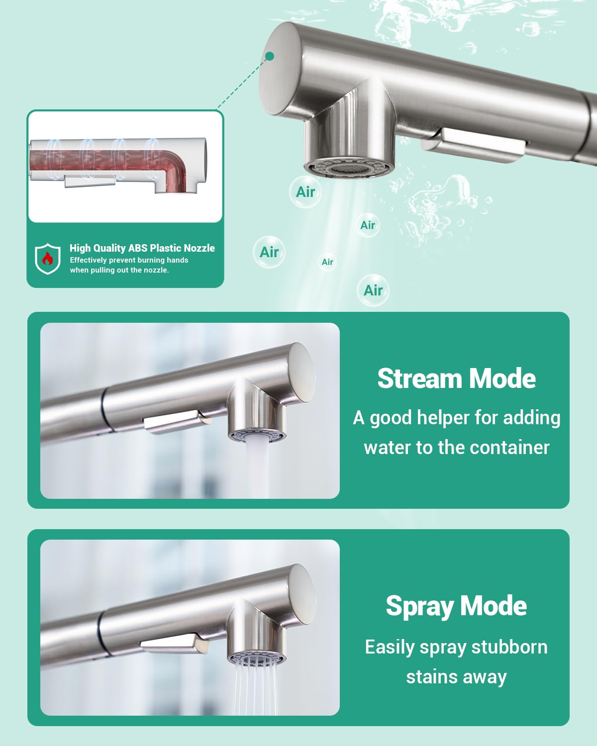 DAYONE Küchenarmatur mit Herausziehbarem Spray, SUS304 Edelstahl Hochdruck Wasserhahn Küche Ausziehbare Brause, Mischbatterie Küche mit 2 Funktionen, 360° schwenkbare Spültischarmatur Küche, Gebürstet