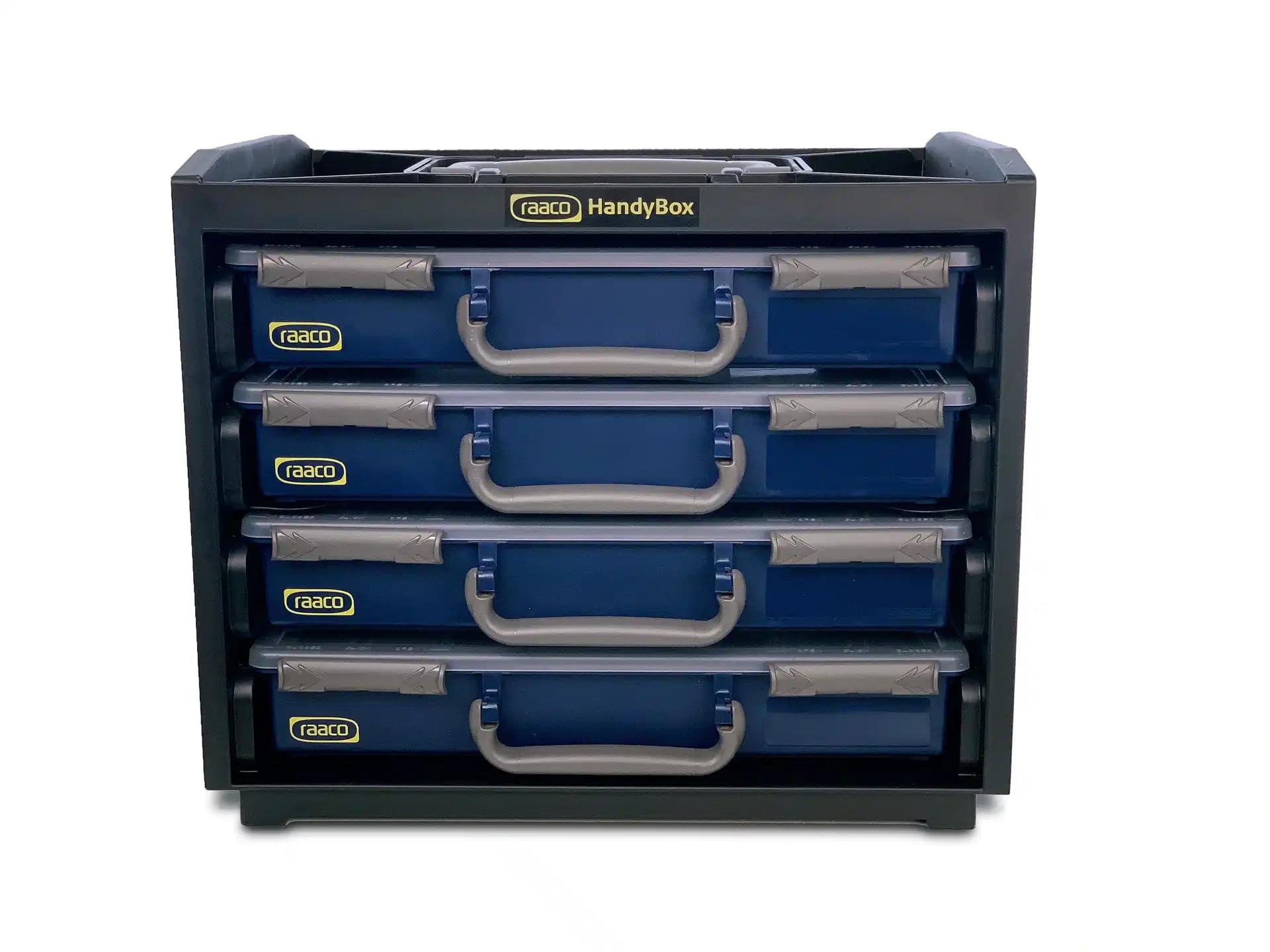 Raaco HandyBox 55x4, Caja de almacenamiento para taller con 4 cajas set | Caja de almacenamiento para taller con 4 cajas para tornillos y herramientas, Capacidad de Carga de 25 kg 26,5 x 37,6 x 31 cm