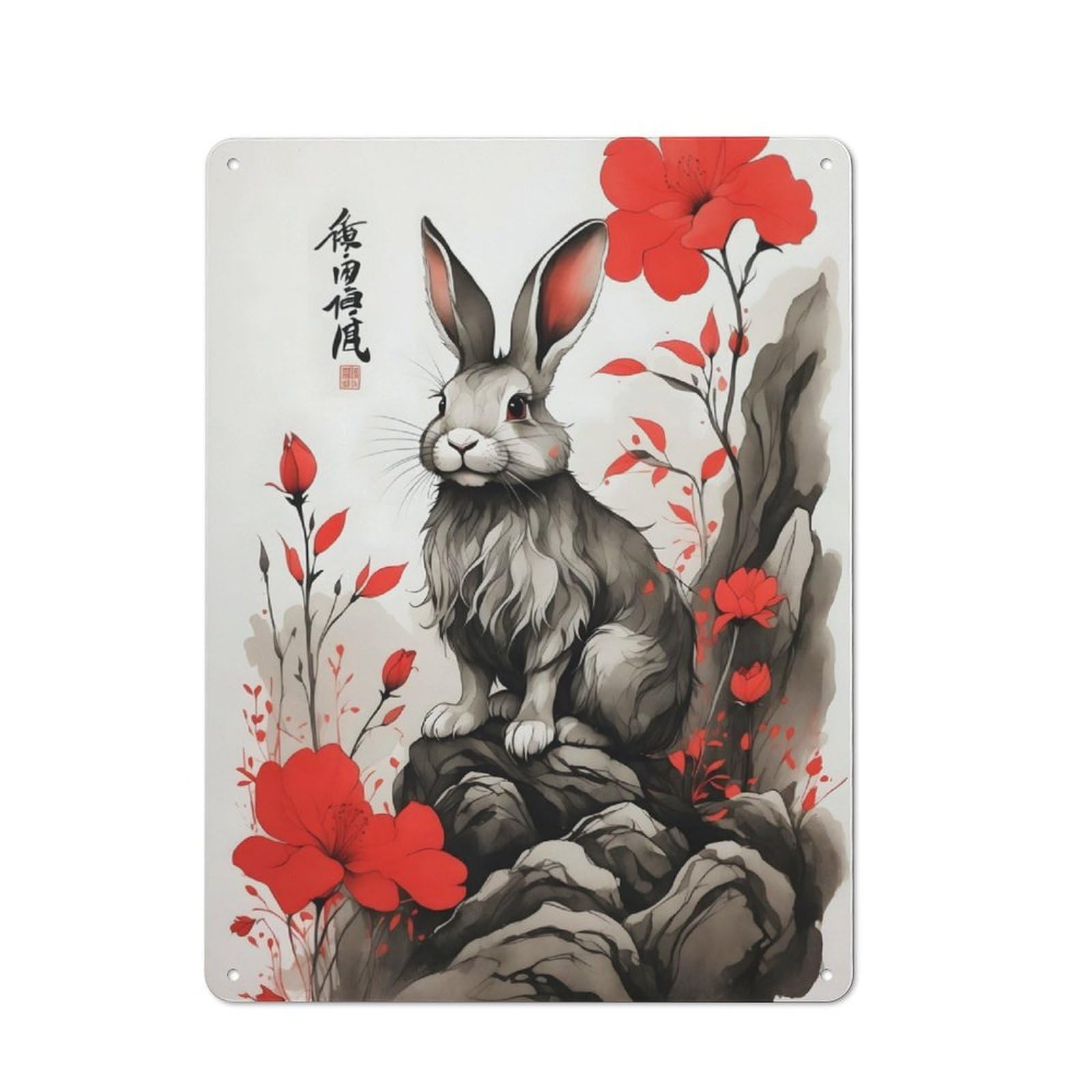 Nostalgic Japan Rabbit Ink Art Decorative Tin Sign 40x30cm, Vintage Wall Decor for Lounge, Study, Pub Or Wall Gallery