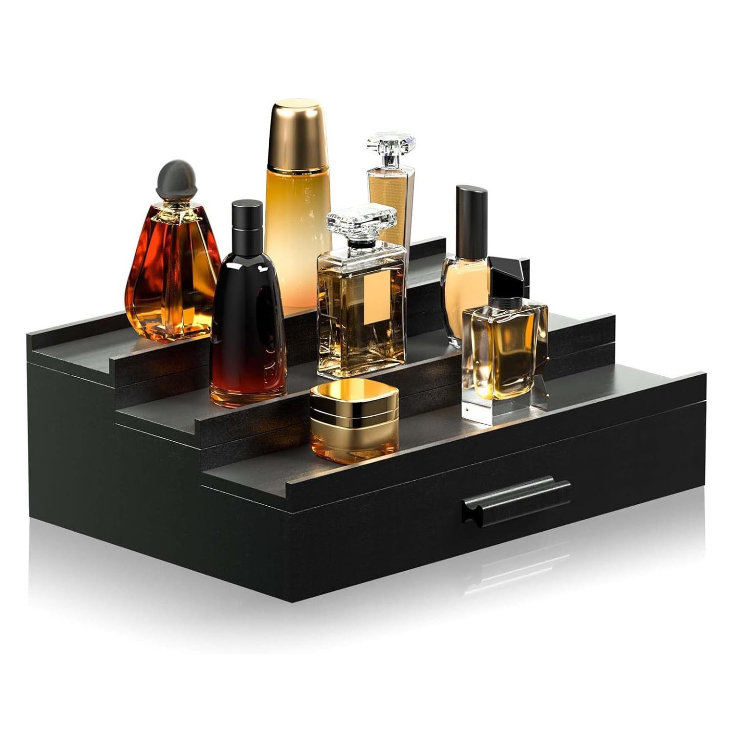Regał na perfumy z drewna, 3 poziomy, regał na perfumy z szufladą – rustykalny stojak na perfumy na komodę, organizer perfum na blat roboczy, idealny dla mężczyzn, ojca, przyjaciela (czarny)