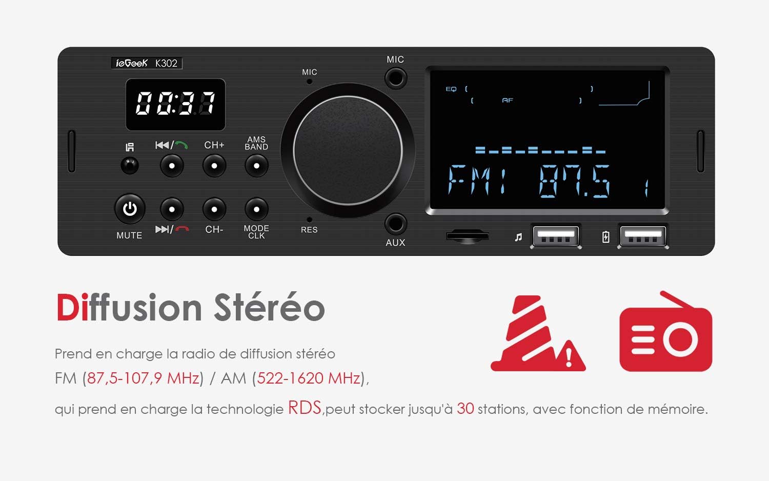 ieGeek K302 car radio displaying FM frequency