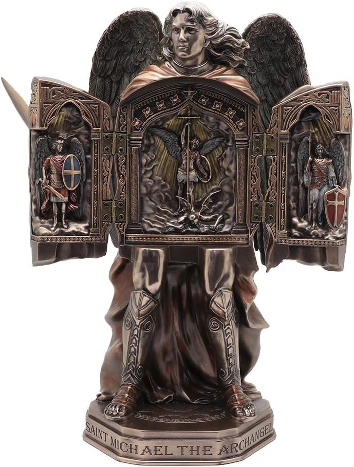 Veronese Design 11 3/8" Tall Cold Cast Resin Antique Bronze Finish Armored Archangel Saint Michael Triptych Statue Figurine
