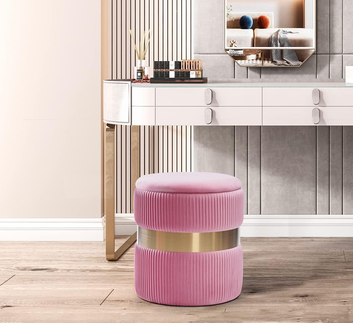 Round Velvet Storage Ottoman with Removable Lid Set of 2, Upholstered Footrest Stool with Gold Metal Hoop, Side Table Seat for Living Room, Makeup Vanity Stool for Bedroom (Pleated-Pink)