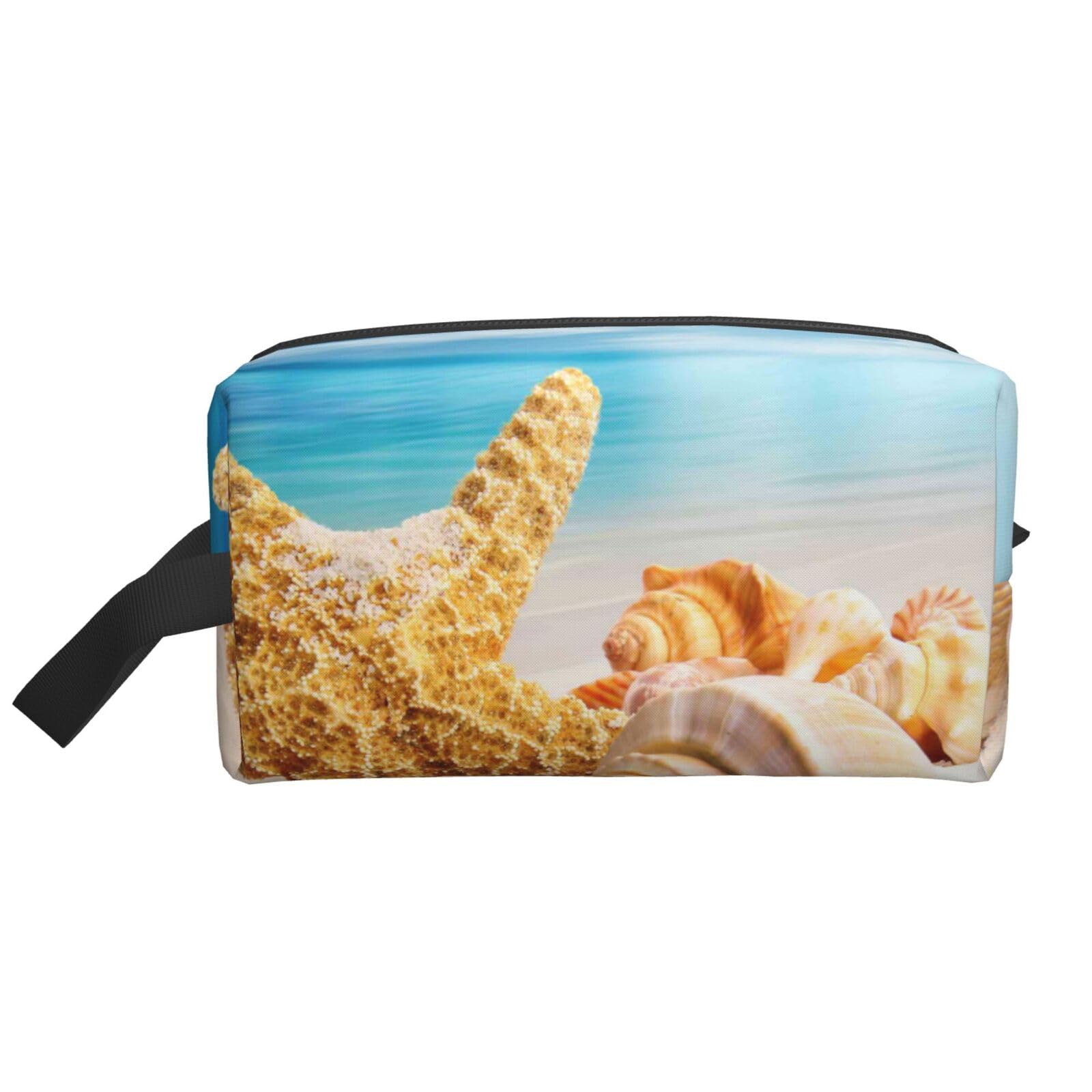 Ercgad Unisex White Starfish Seashell Ocean Beach Print Large Capacity Travel Toiletry Bag Cosmetic Pouch Daily Storage Makeup Case