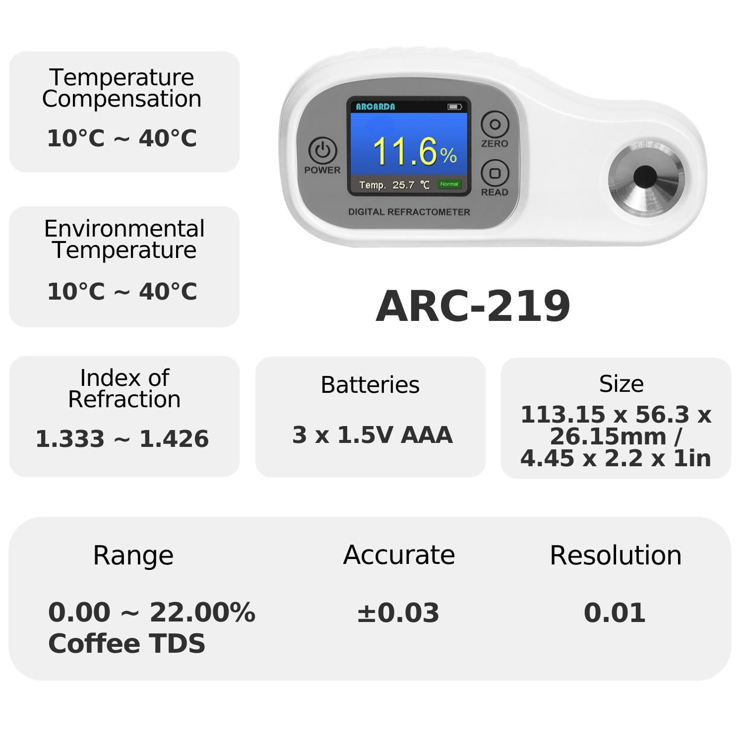 Digital Refractometer Coffee TDS Refractometer Lab Refractometers Roast Analyzer Lab Instruments ATC RI 1.3330~1.3730, Coffee TDS 0.00~22.00%