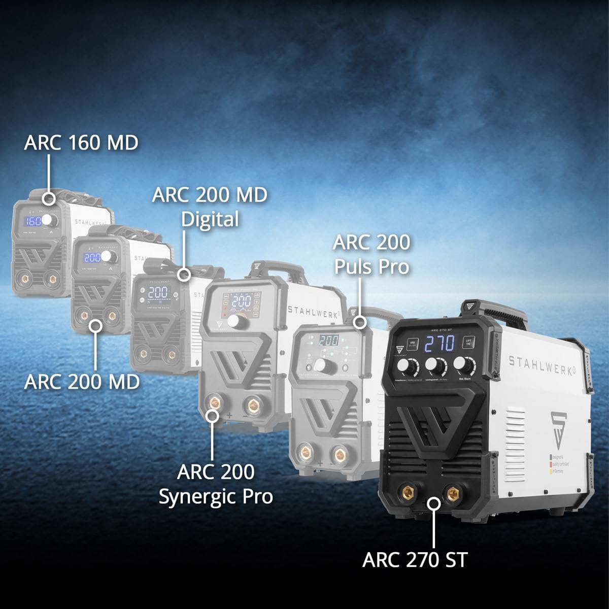 STAHLWERK Soldadora de electrodos ARC-270 ST – Equipo completo con carro – Máquina de soldar MMA (Electrodo) hasta 270 A, soldadura sin gas protector, Inverter Lift-TIG 400 V, control de temperatura