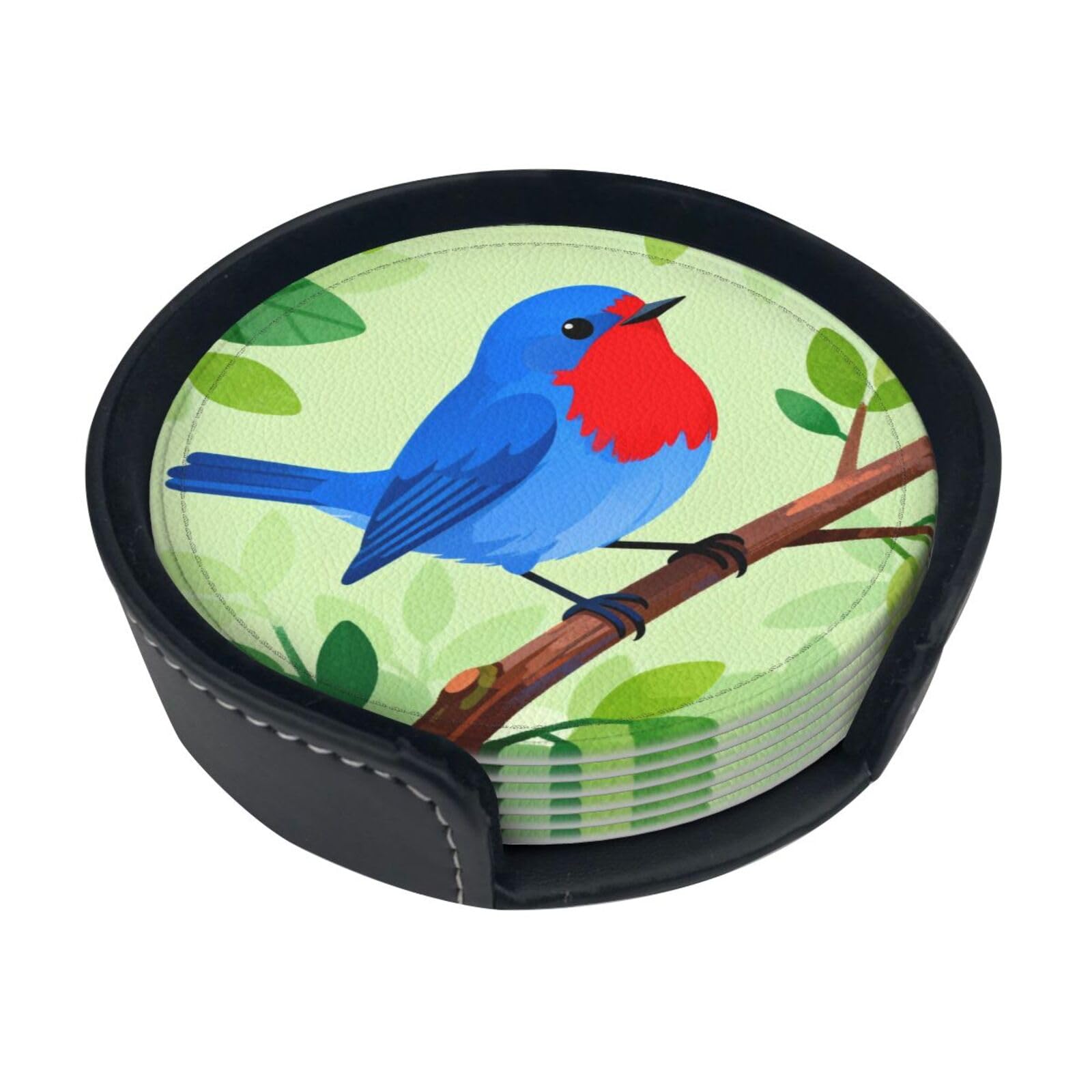 Cntdbu White Blue Bird Branch Leather Coasters Set Of 6-Pu Leather Drink Mats For Table, Heat Resistant Round Coasters With Holder