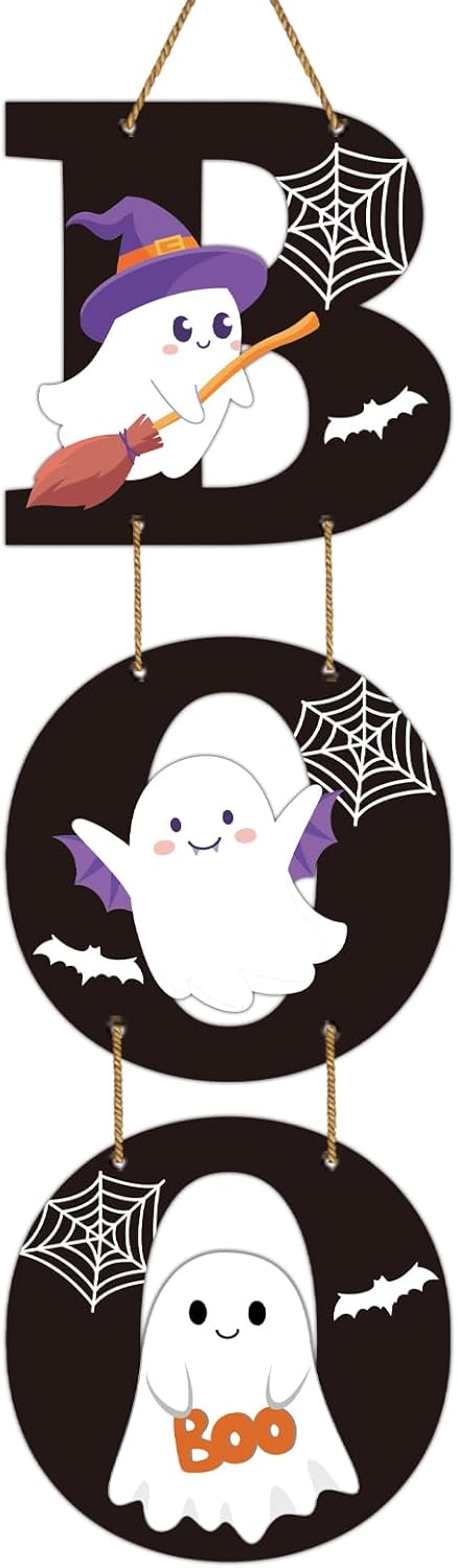 Halloween Door Decorations Halloween Wreath Cute Ghost Decor Boo Sign Bat Spider Web Wooden Front Door Hanger Ghost Hanging Sign Wreath for Wall Indoor Home Decor