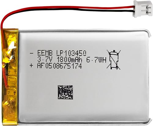 EEMB Batería de polímero de litio 3.7V 1800mAh 103450 Lipo Batería recargable con 2 cables JST 0.079 in Conector para altavoz y dispositivo