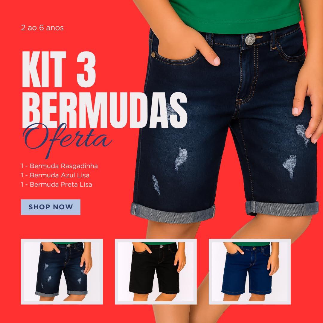 Bermudas Jeans Kit Infantil Masculina com Elastano, Kit com 3 Bermudas Jeans Menino, Regulador na Cintura, Tamanho 2 a 6 anos em promoção! Veja a oferta e mais achadinhos de Meninos 7 Hoje é o melhor dia para comprar Bermudas Jeans Kit Infantil Masculina com Elastano, Kit com 3 Bermudas Jeans Menino, Regulador na Cintura, Tamanho 2 a 6 anos com aquele preço maroto! Promoção! Aproveite a oferta! 7