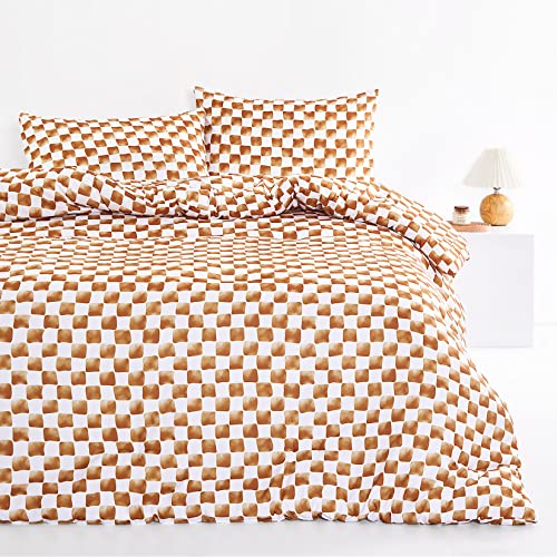 Wake In Cloud - Gingham Comforter Set, Checkered Grid Plaid Checkerboard Geometric Preppy Hand Drawn Pattern Printed In Burnt Orange White, Soft Microfiber Bedding (3Pcs, King Size) #TOP29