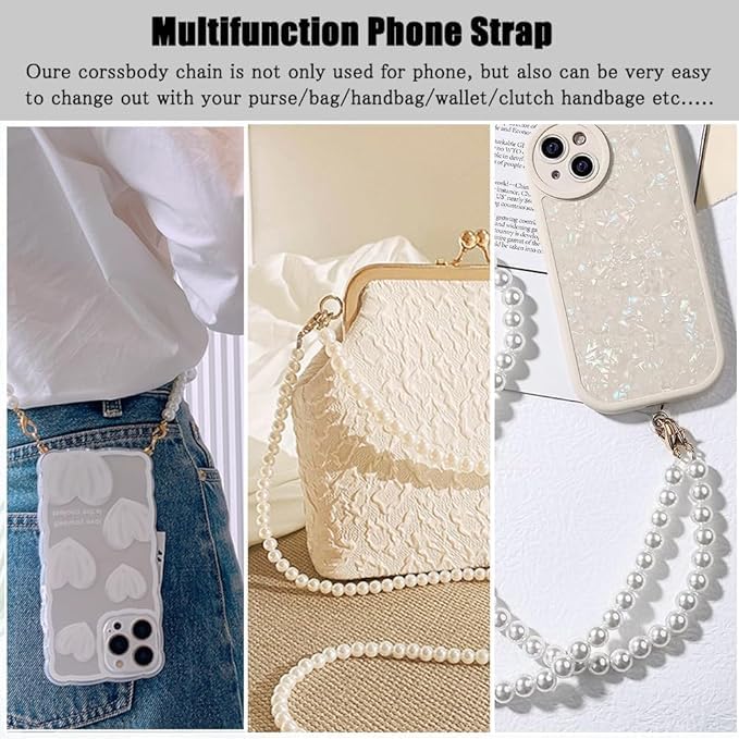 Image of KHOLAD White Bow Phone Chain Crossbody Pearl Strap | 2in1 Wrist & Shouler Crossbody Lanyard | Pearl Beads Charms Chain with Phone Tether Patches | Compatible with Most Phones, Bag, Purse