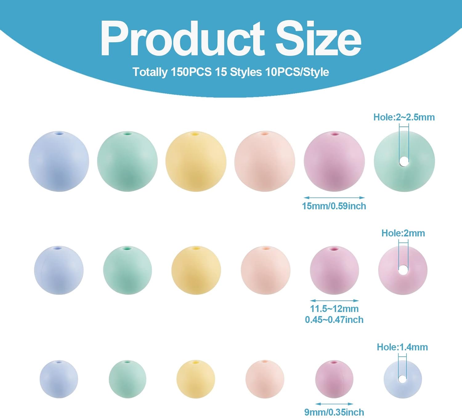 150Pcs Silicone Round Beads 9mm 12mm 15mm Pastel Color Silicone Focal Beads Chunky Bubblegum Beads Gumball Beads for Beadable Pens Keychains DIY Gift Crafts