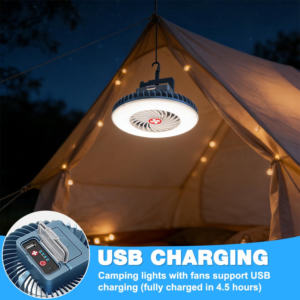 Tragbarer LED Campinglampe mit Ventilator, USB Aufladbar Camping Ventilator mit Licht, Magnetisch Zeltlampe Outdoor Camping, Camping Zubehör für Wandern Angeln Strand Wohnwagen Camper Auto