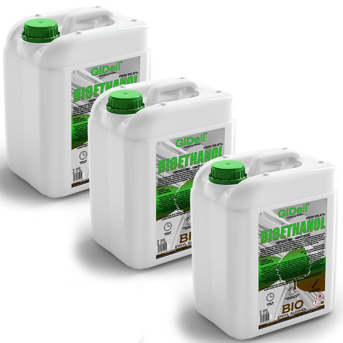 GiDeli Bioetanolo 3 x 10 l profumo forestale 96,6% etanolo per camini interni ed esterni, senza fumo e fuliggine, da mais e barbabietola da zucchero