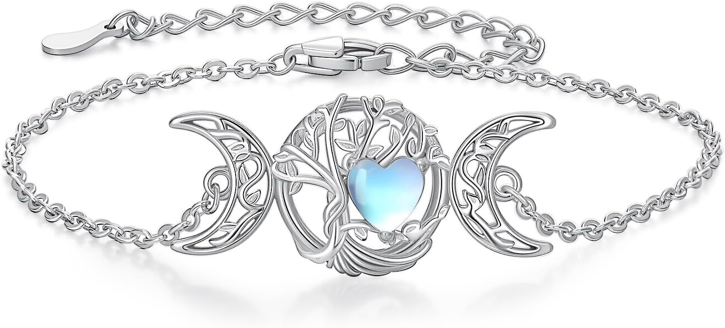 Triple Moon Goddness with Moonstone Bracelet 925 Sterling Silver Rainbow Moonstone Amulet Bracelet 6.5+2 Inch Chain for Women Gifts