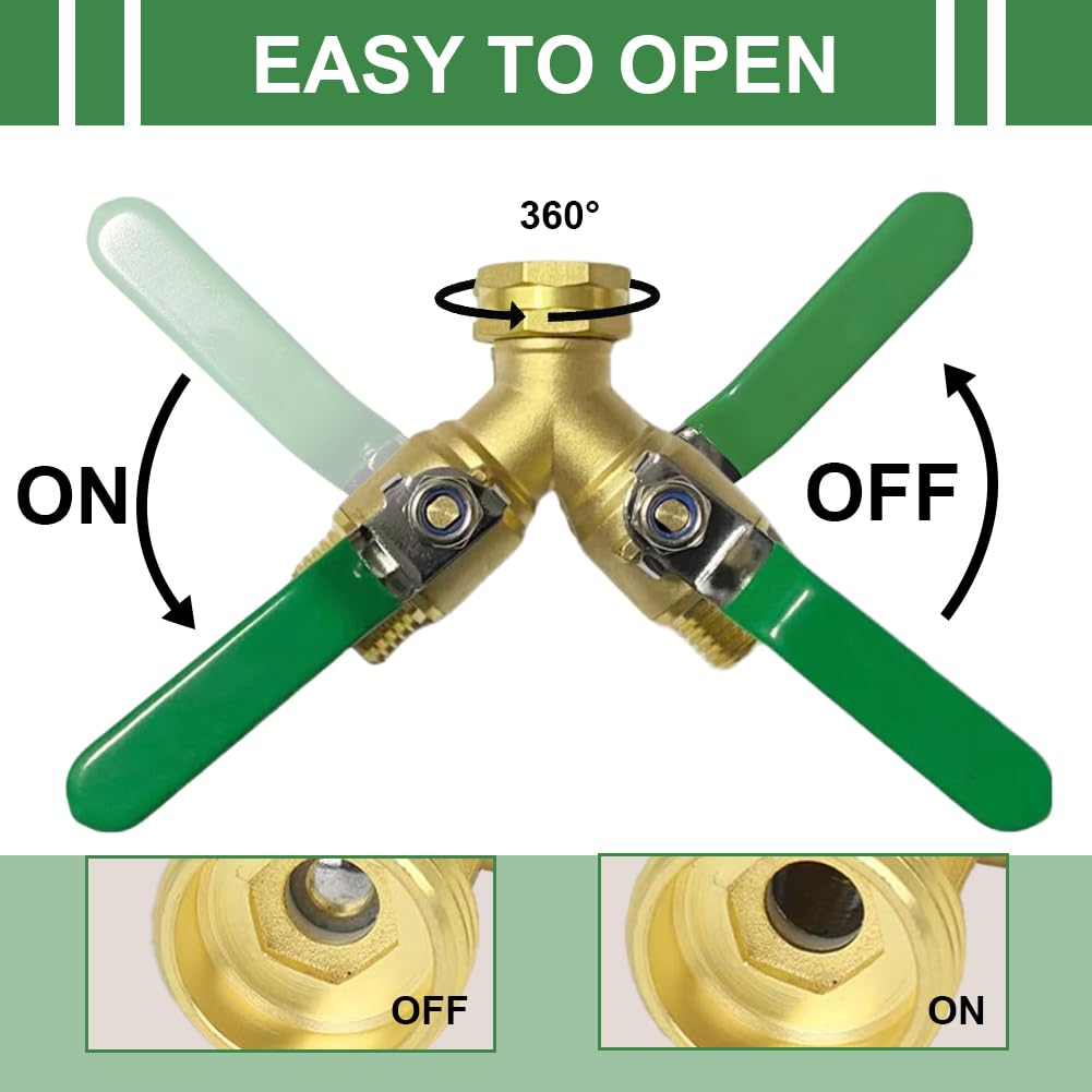 Raccordo A Y In Ottone 3/4" Con Rubinetti - Divisore Per Due Tubi Da Giardino O Lavatrice, Antigoccia, Filetto Europeo