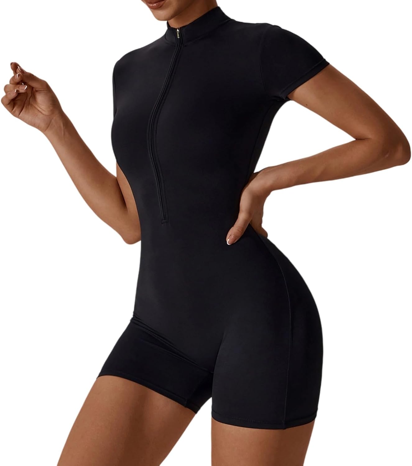 Women Workout Jumpsuit Zip Up Romper Bottom Bodysuit Bodycon Sexy One Piece - Image 2