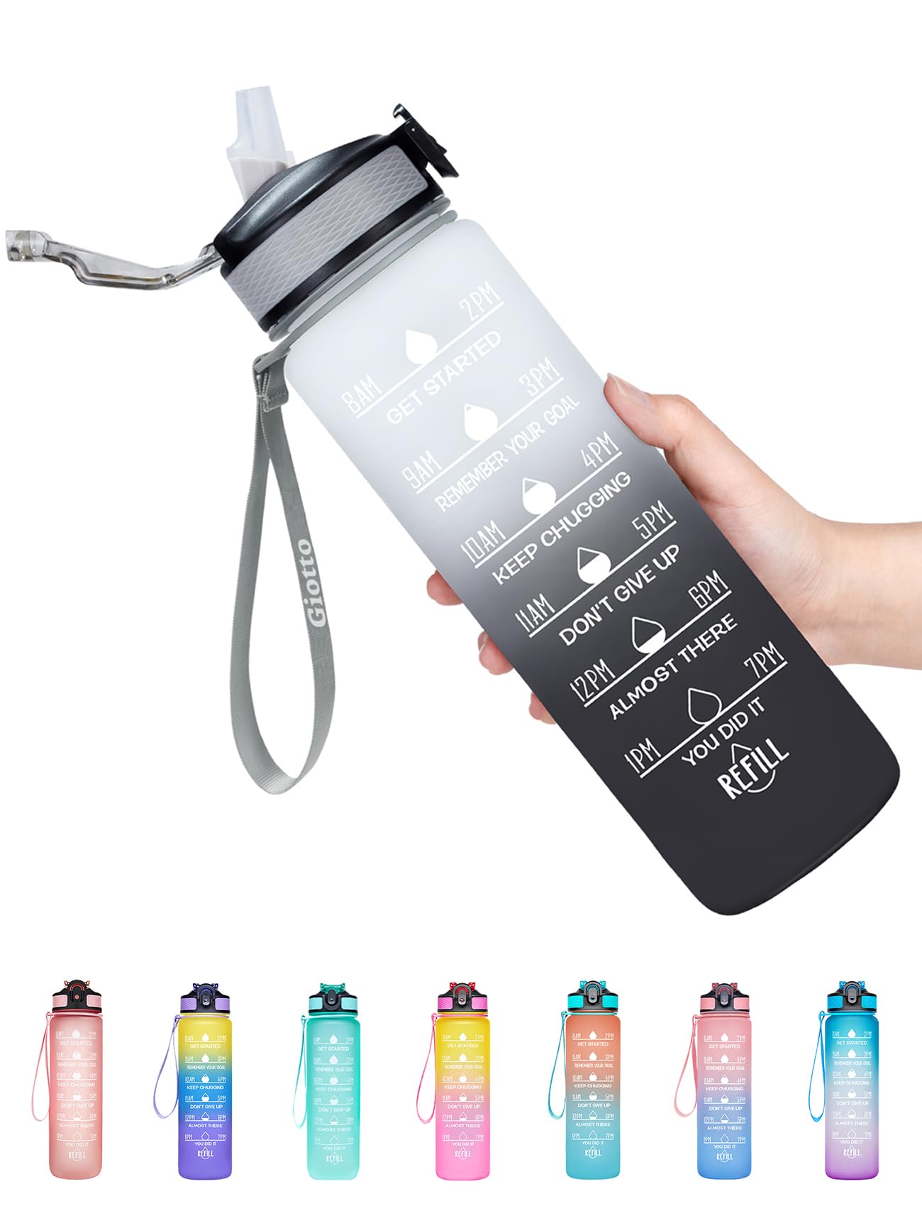 Giotto Women's A7.ombre Gray Black 32Oz Large Leakproof Bpa Free Drinking Water Bottle With Time Marker & Straw To Ensure You Drink Enough Water Throughout The Day For Fitness And Outdoor Enthusiasts-Ombre Gray Black